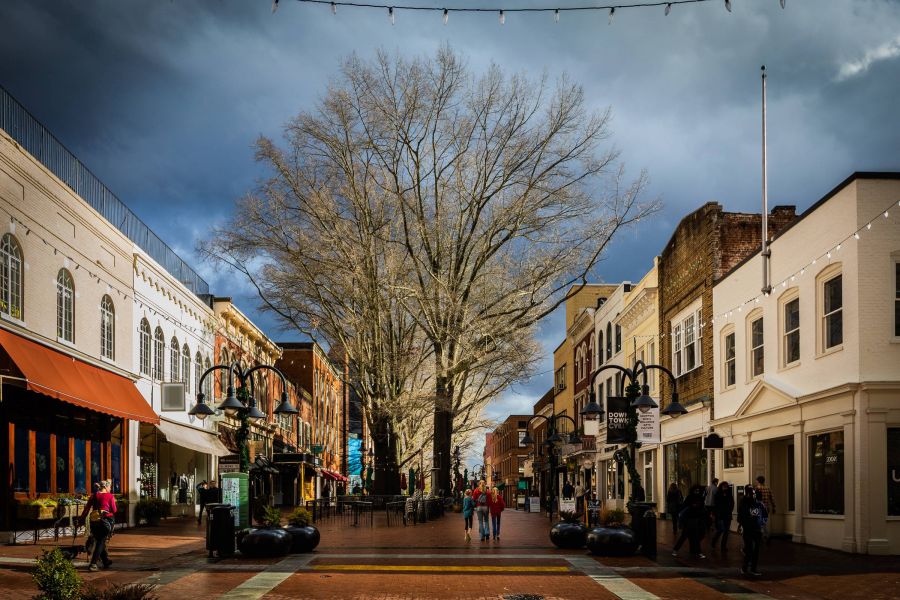 Attain on 5th apartment homes with People walk along a brick-paved pedestrian street lined with shops and a large tree in the center.